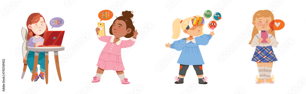 Cute Kids with Modern Gadget and Mobile Device Vector Set Cute Kids with Modern Gadget and Mobile Device Vector Set