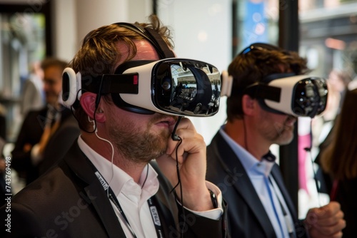 Business professionals experiencing virtual reality with VR headsets at a tech event.