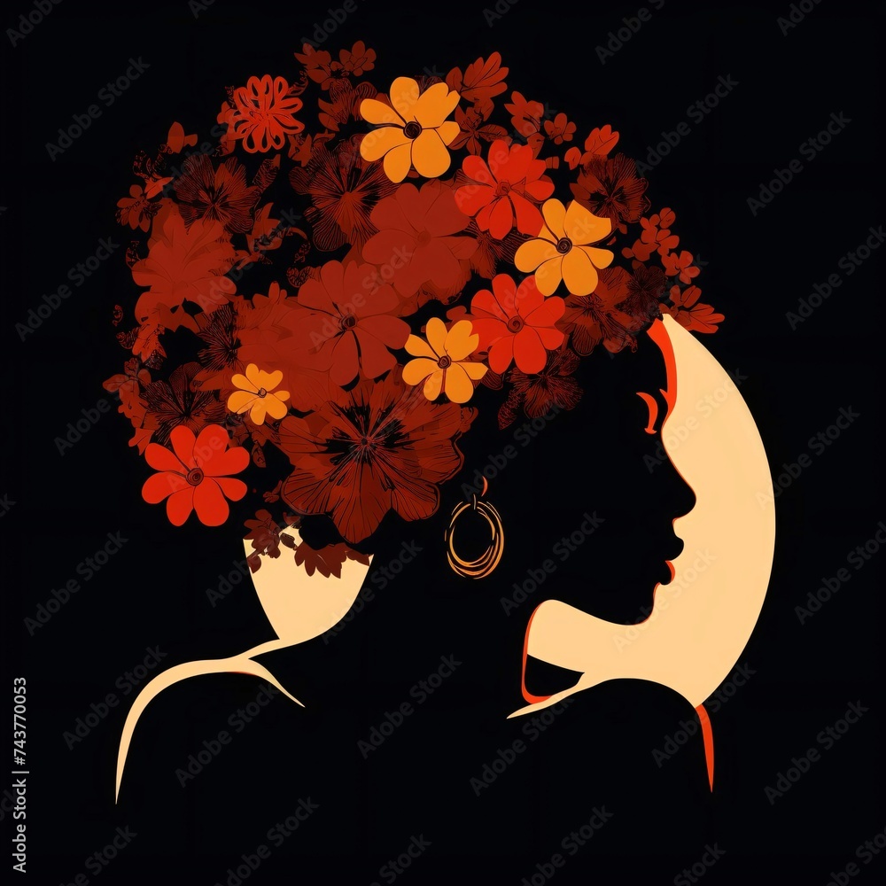 Black silhouette of a woman with flowers in her hair.