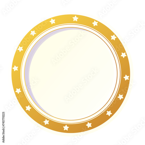 Holiday gold plate, bright empty dish top view with stars, border ornament Christmas decoration, isolated on white background.