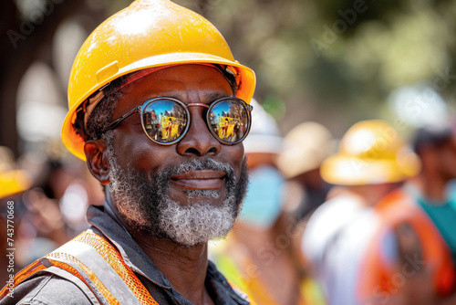 Generative AI image of a smiling construction worker with glasses photo