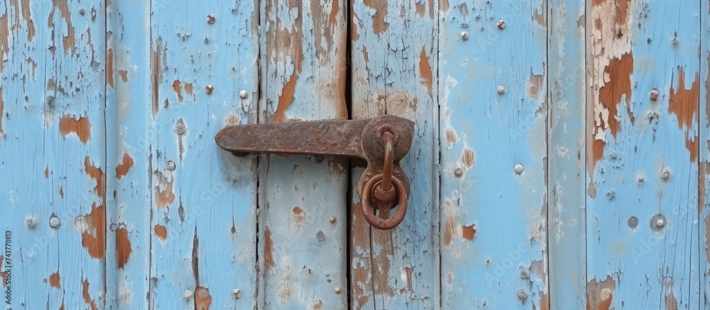 A close-up view of a weathered blue wooden door with peeling paint, featuring a rusted door handle. The handle shows signs of neglect and aging, adding character to the worn-out door. A close-up view of a weathered blue wooden door with peeling paint, featuring a rusted door handle. The handle shows signs of neglect and aging, adding character to the worn-out door.