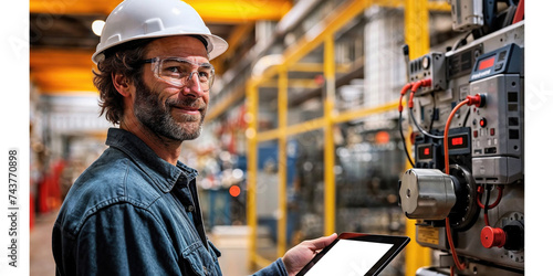 Smiling Engineer Using Tablet in Industrial Facility Generative AI image photo