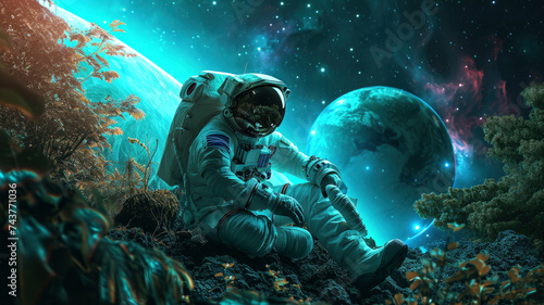 astronaut sitting on a mountain on an unknown planet, fantastic space landscape
