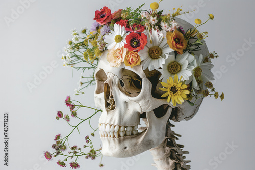 Generative AI image of a Skull Adorned with Vibrant Flowers