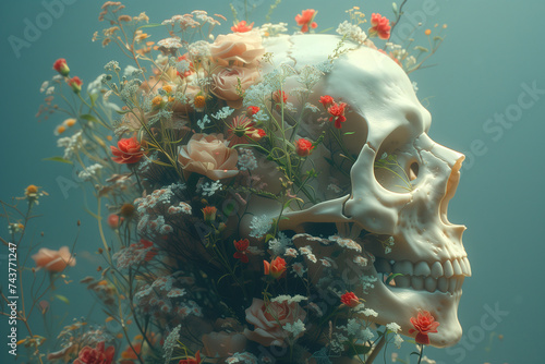 Generative AI image of a Skull Adorned with Vibrant Flowers