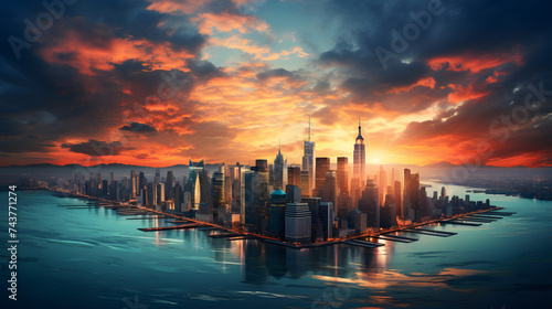 sunrise over city of manhattan in new york