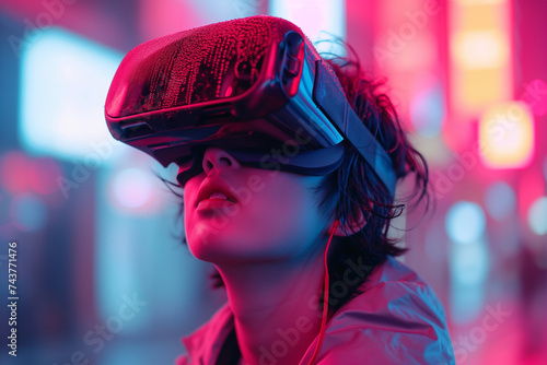 Generative AI illustration of A person is fully engaged with a virtual reality headset, surrounded by vibrant neon lighting that hints at a digital metaverse experience photo