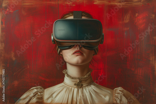 A person adorned in vintage attire engages with a modern VR headset, presenting a striking contrast set against a red backdrop, enhanced by generative AI photo