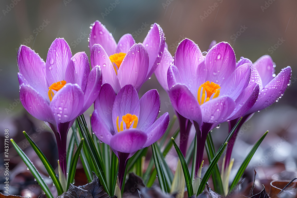 Group of Purple Flowers With Water Droplets Group of Purple Flowers With Water Droplets