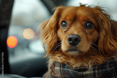 Heartwarming portrait of a spaniel in a car photo