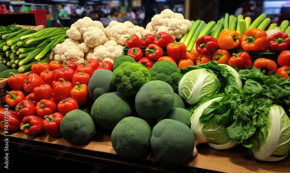 Varieties of fresh vegetables on the counter at the market, potatoes, tomatoes, cucumbers, salats, pepper, onion, carrot, broccoli, kohlrabi, cauliflower.