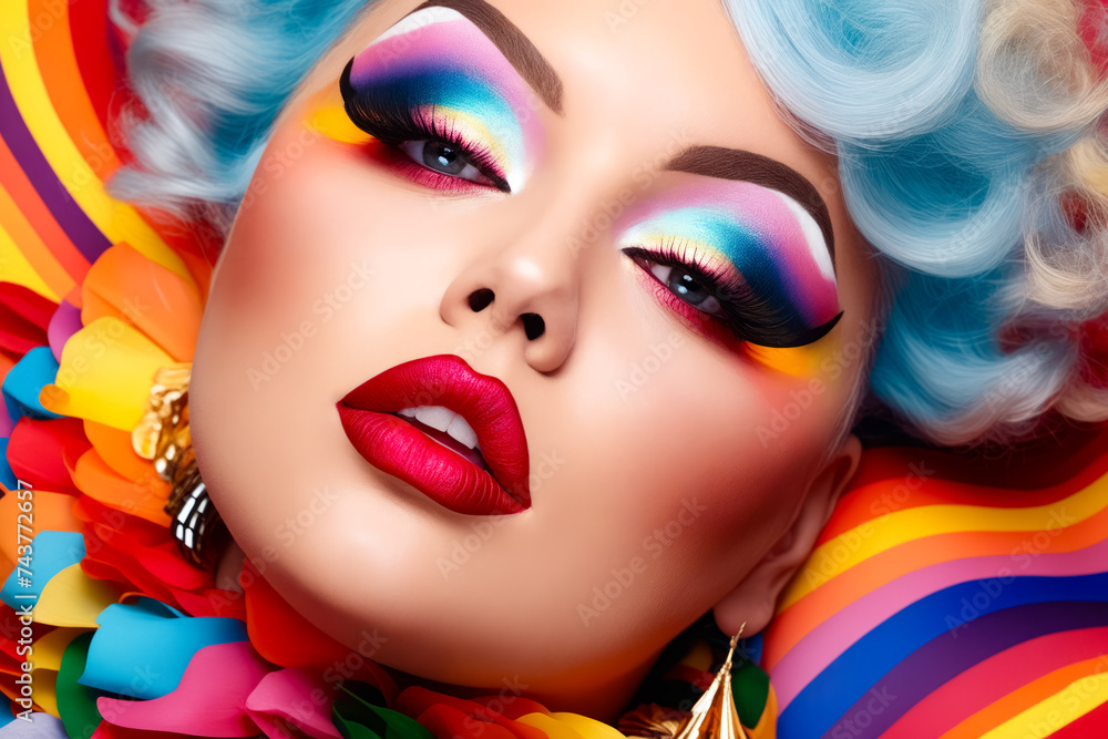 Woman with bright makeup and rainbow hair is posing.