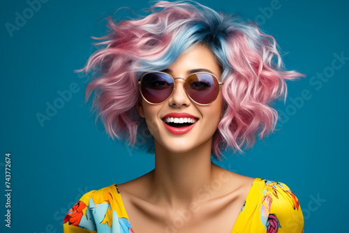Woman with pink and blue hair wearing sunglasses and yellow top.