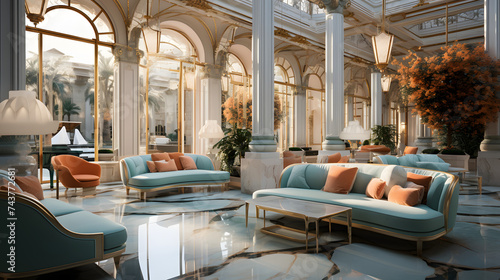 a luxury hotel lobby with marbled floor and large chandeliers