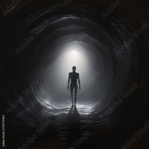 Humanoid silhouette inside a dark long tunnel.