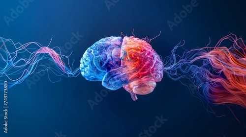 Dynamic Colorful Brain Illustration With Flowing Wires On Dark Blue Background. Connectivity, Brain Function, and Artificial Intelligence. Futuristic Cyber Style. AI Generative.