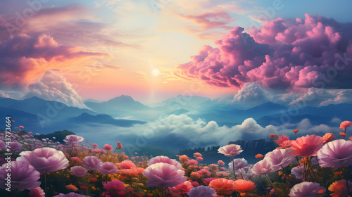 colorful rainbow shaped from beautiful clouds with mountains and flowers