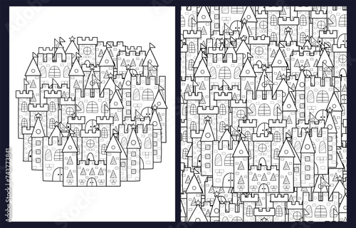 Magic kingdom coloring pages set in US Letter format. Black and white fantasy doodle castles background templates for coloring book. Vector illustration