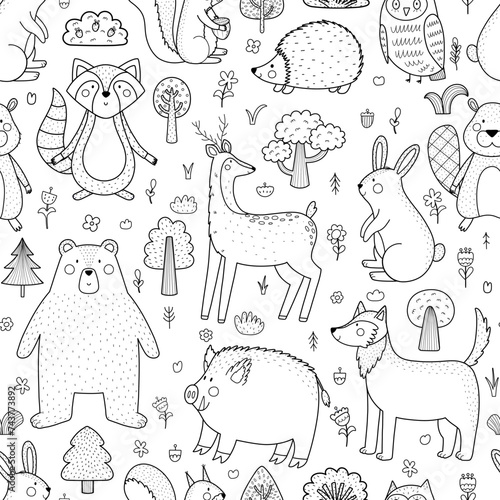 Adorable forest characters black and white seamless pattern. Cute woodland animals outline background for kids. Bear  deer  raccoon and others. Vector illustration