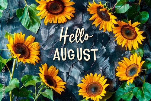 phrase "Hello AUGUST" word on sunflower background