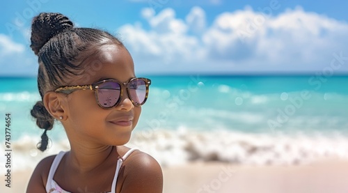 Close up of Afro American child looking away having fun on the beach during vacation time