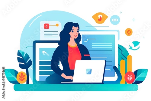 Animated illustration of office worker character showing business presentation on lecture, women empowerment with digital phone and laptop Businesswoman poses set showing managing things and success