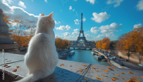 White cat on a Paris bridge with the Eiffel Tower background.. Blue sky. Landscape Paris, France. Spacy text. Paris's view #743774859