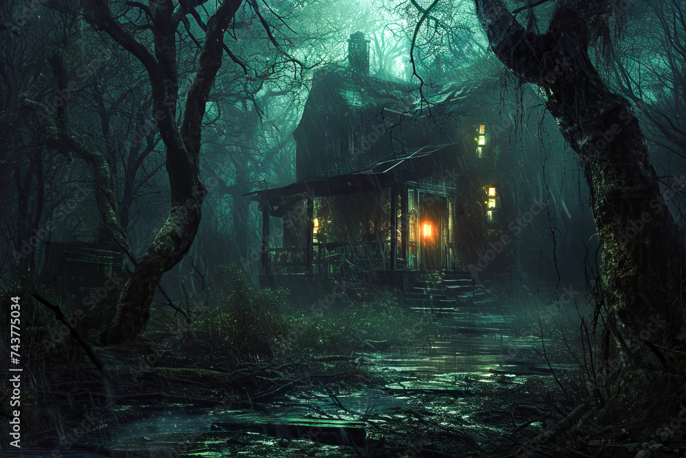 House in forest setting with rain falling on it.