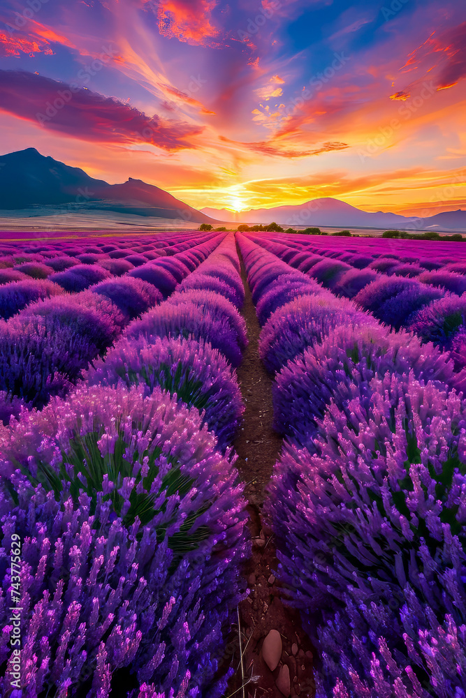 Field of purple flowers with sunset in the background.