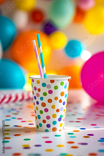 Colorful paper cup with multi-colored straw in it.