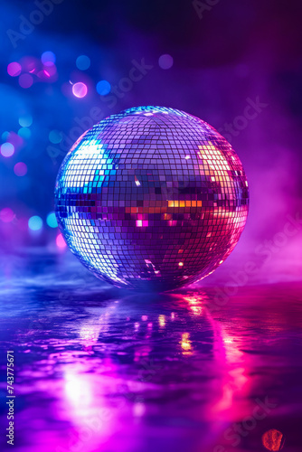 Purple disco ball is illuminated in dark room with reflection of itself on its surface.