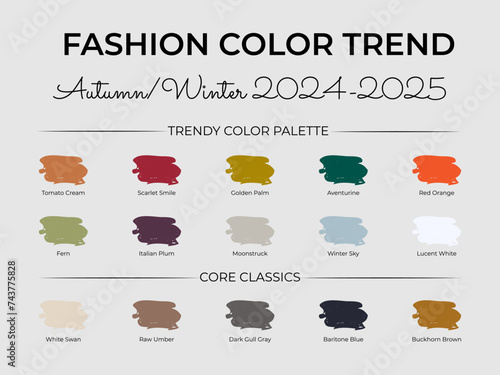 Fashion Color Trend Autumn - Winter 2024 - 2025. Trendy colors palette guide. Fabric swatches with color names. Easy to edit vector template for your creative designs.