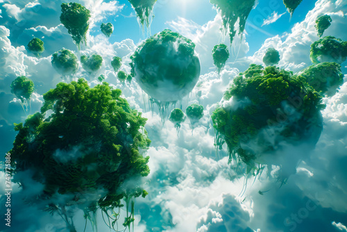 Computer-generated image features green plants and clouds.
