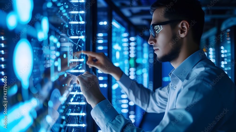 Side view of young man in shirt and eyeglasses working with virtual interface while standing in server room Side view of young man in shirt and eyeglasses working with virtual interface while standing in server room