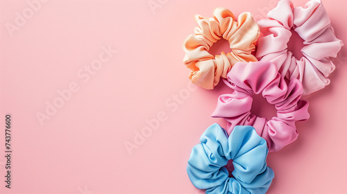 Scrunchie hair bands retro nineties fashion, on a slightly pink background, ai generative photo