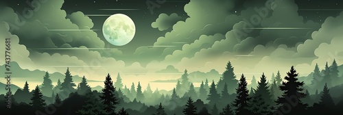 A mystical forest is illuminated by the soft glow of a full moon in the midnight sky, casting a tranquil and enchanting ambiance over the landscape