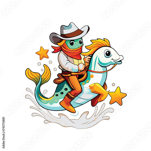 a cowboy fish with a hat and boots riding a seaho