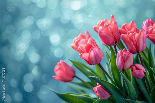 Pink tulips with soft blue bokeh background © agnes