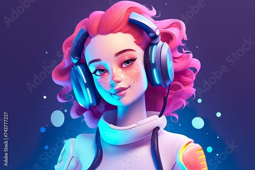 Portrait of beautiful young woman listening to music with headphones. llustration, A girl with headphones in a colorful vivid background, An illustration MADE WITH AI  photo