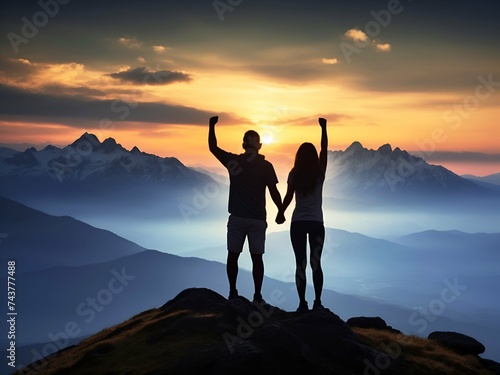 Silhouette of a Couple Celebrating Mountaineering