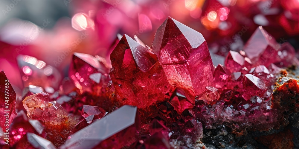 Naklejka premium Macro view of pink ruby crystals of a mineral rock. Red crystal banner closeup photography