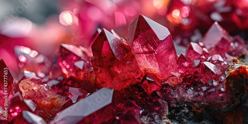 Macro view of pink ruby crystals of a mineral rock. Red crystal banner closeup photography photo