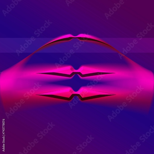 square gradient background of pink and purple color blends. conceptual graphic of alien spaceship. pink and red diamond shapes with soft blur edges. 3d illustration of flying in outer space sky. 