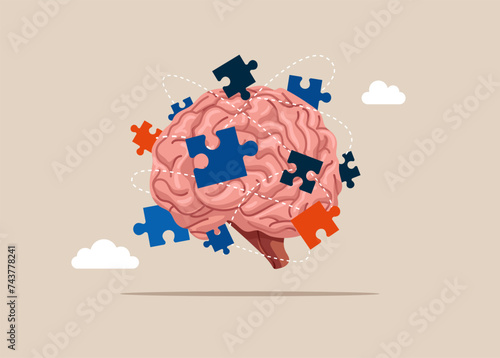 Think about working together, cooperation, partnership. Puzzles on brain. Flat vector illustration.