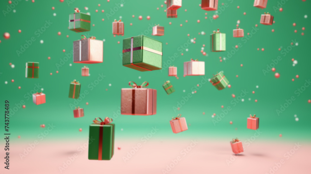Green gift boxes levitating on green background