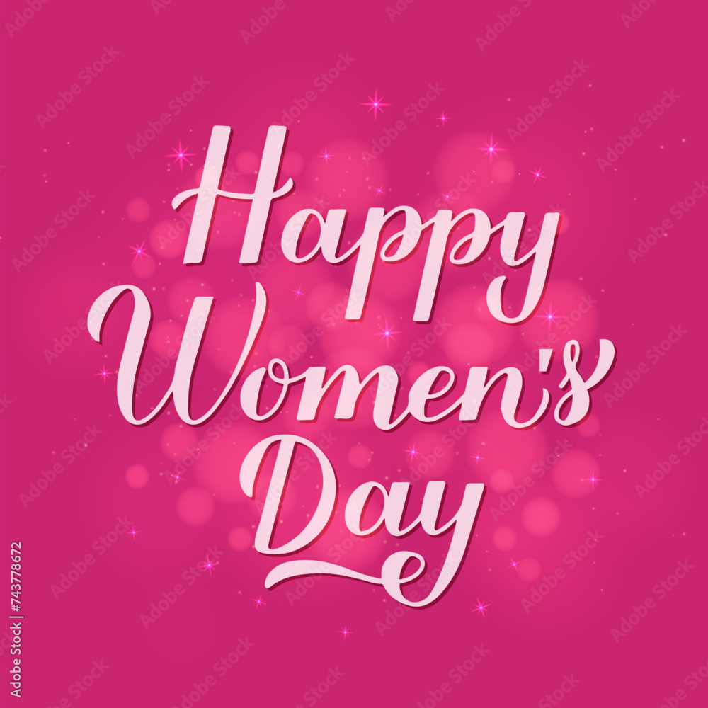 Happy Womens Day calligraphy hand lettering on hot pink background with bokeh. International Womans day typography poster. Vector template, banner, greeting card, flyer, etc.
