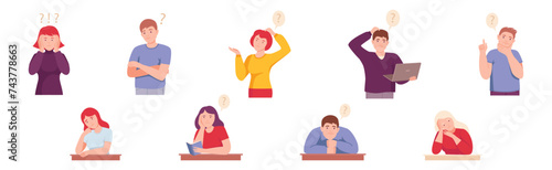 Thoughtful People Character with Question Mark Thinking or Solving Problem Vector Set