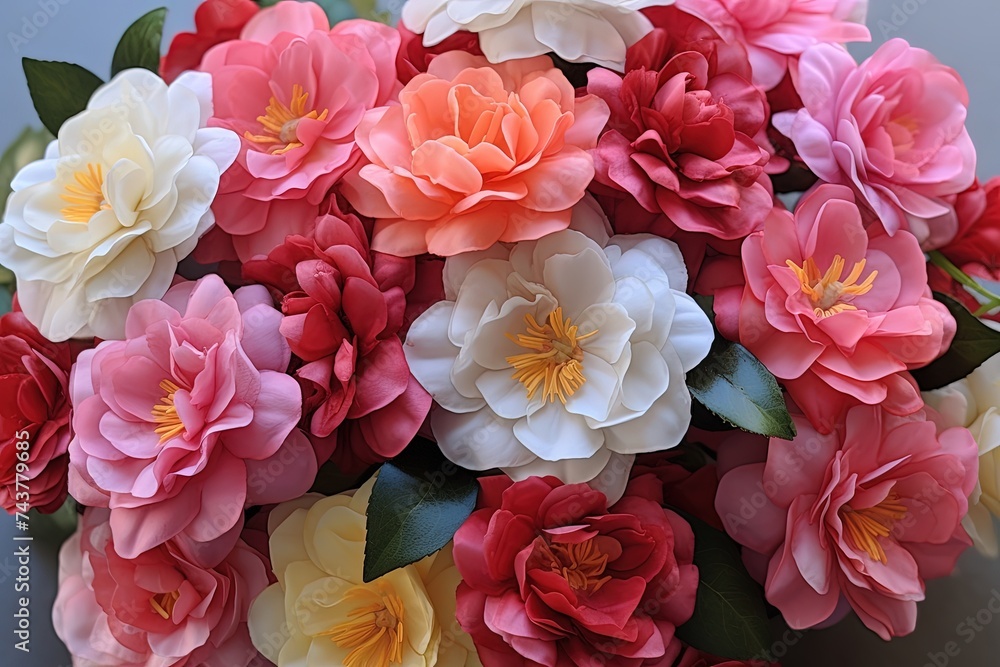 A vibrant bouquet of camellia assorted flowers arranged in a beautiful cluster, sitting gracefully on a wooden table A vibrant bouquet of camellia assorted flowers arranged in a beautiful cluster, sitting gracefully on a wooden table