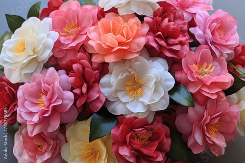 A vibrant bouquet of camellia assorted flowers arranged in a beautiful cluster, sitting gracefully on a wooden table